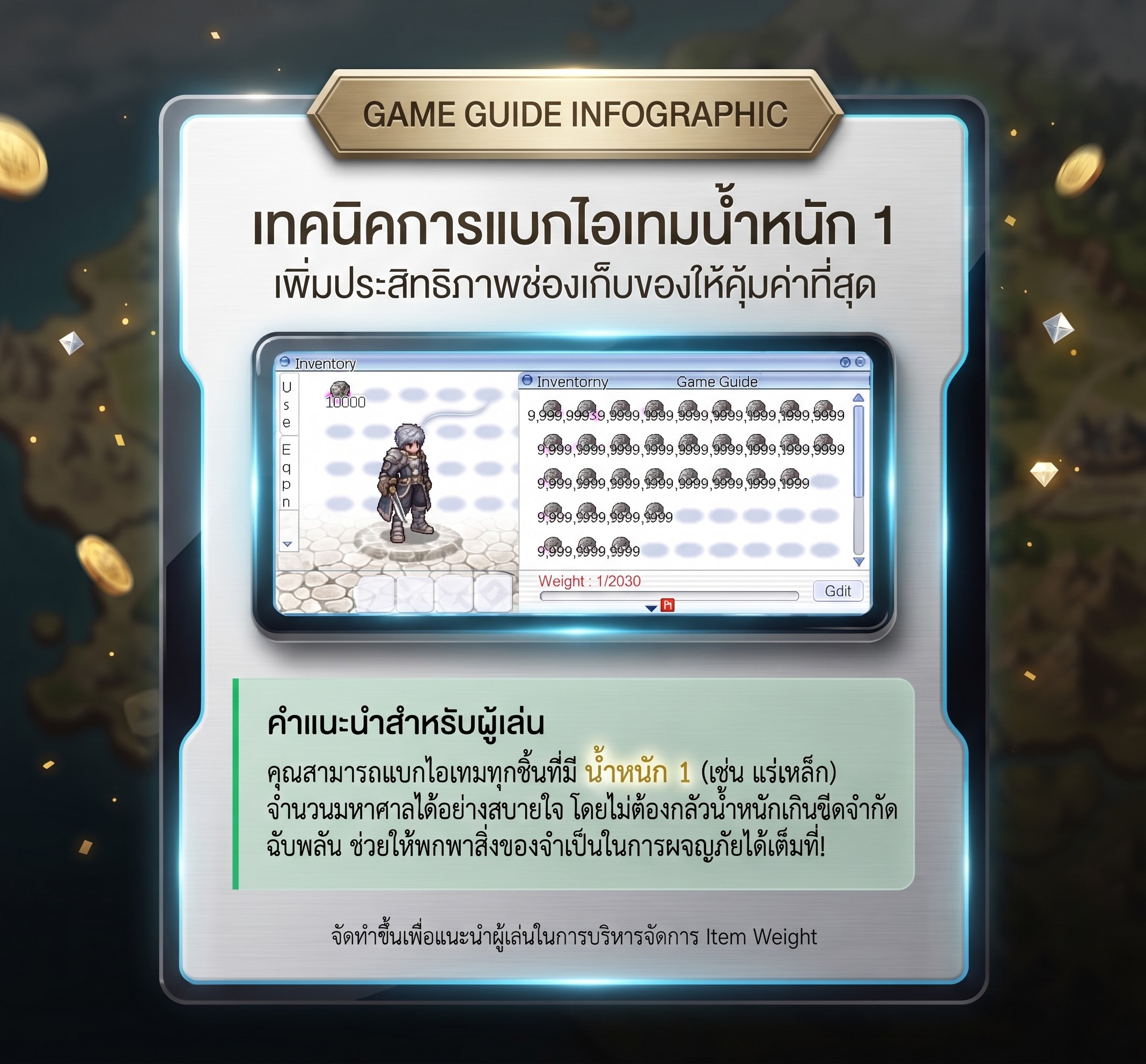 ภาพตัวอย่างช่องเก็บของและน้ำหนักไอเทม